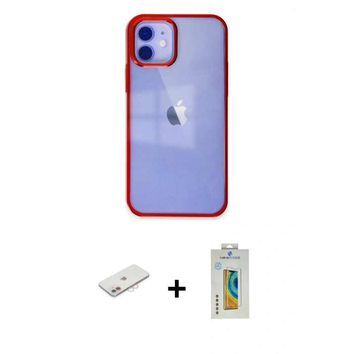 MARSİLYAN™- iPhone 12 Kılıf Doruk Doku Prime - Siyah Polymer Nano Ekran Koruyucu + Pembe Renkli Kamera Lens Koruma Cam