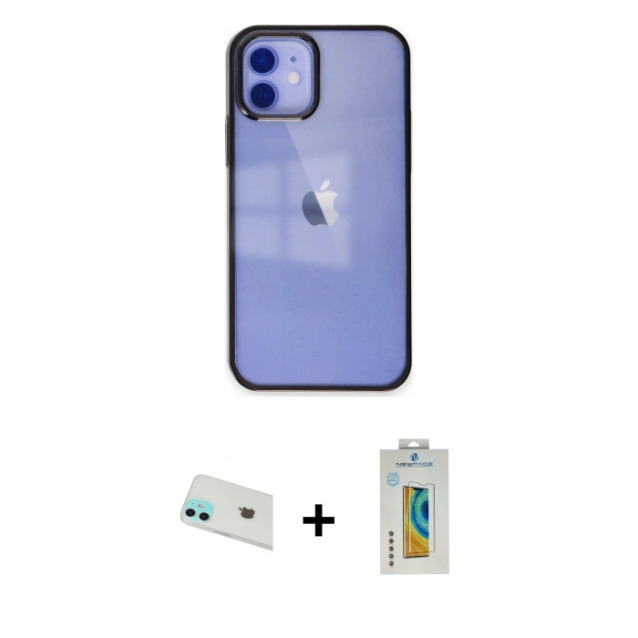 MARSİLYAN™- iPhone 12 Kılıf Doruk Doku Prime - Siyah Polymer Nano Ekran Koruyucu + Rainbow Kamera Lens Koruma Cam - YL