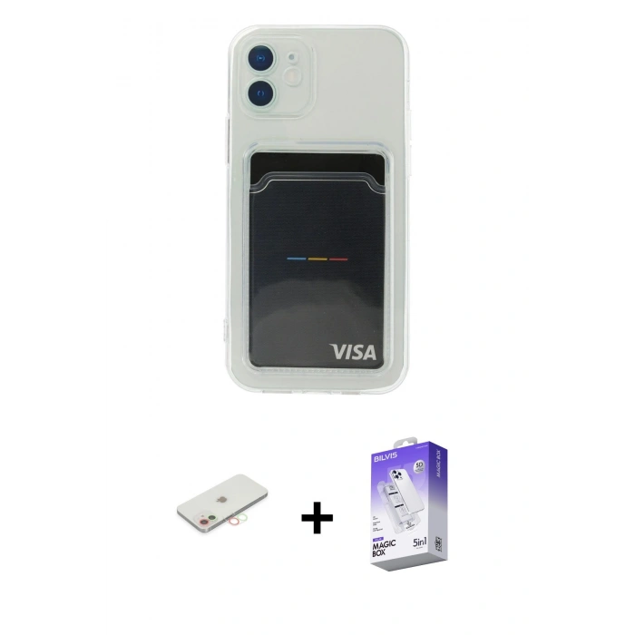 MARSİLYAN™- iPhone 12 Kılıf Doruk Klasik Koleksiyonu - Siyah Bilvis 5in1 3D Magic Cam Ekran Koruyucu + Renkli Kamera Lens Koruma Cam - YL