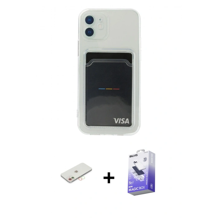 MARSİLYAN™- iPhone 12 Kılıf Doruk Klasik Koleksiyonu - Siyah Bilvis 5in1 5D Magic Hayalet Cam Ekran Koruyucu + Renkli Kamera Lens Koruma Cam - YL