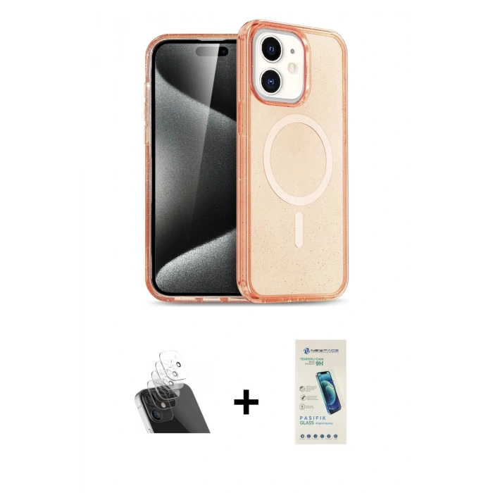 MARSİLYAN™- iPhone 12 Kılıf Eksen Doku Koleksiyonu - Şeffaf Pasifik Cam Ekran Koruyucu + Kamera Lens Koruma Cam - SF
