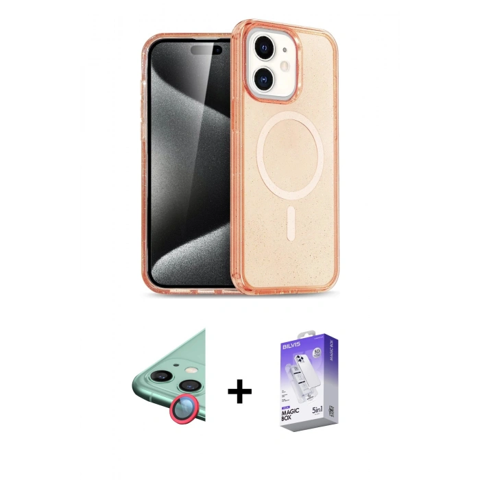 MARSİLYAN™- iPhone 12 Kılıf Eksen Doku Koleksiyonu - Siyah Bilvis 5in1 3D Magic Cam Ekran Koruyucu + Raze Metal Kamera Lens - KI