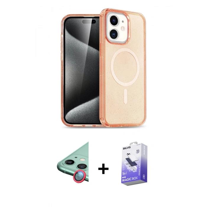 MARSİLYAN™- iPhone 12 Kılıf Eksen Doku Koleksiyonu - Siyah Bilvis 5in1 5D Magic Hayalet Cam Ekran Koruyucu + Raze Metal Kamera Lens - KI
