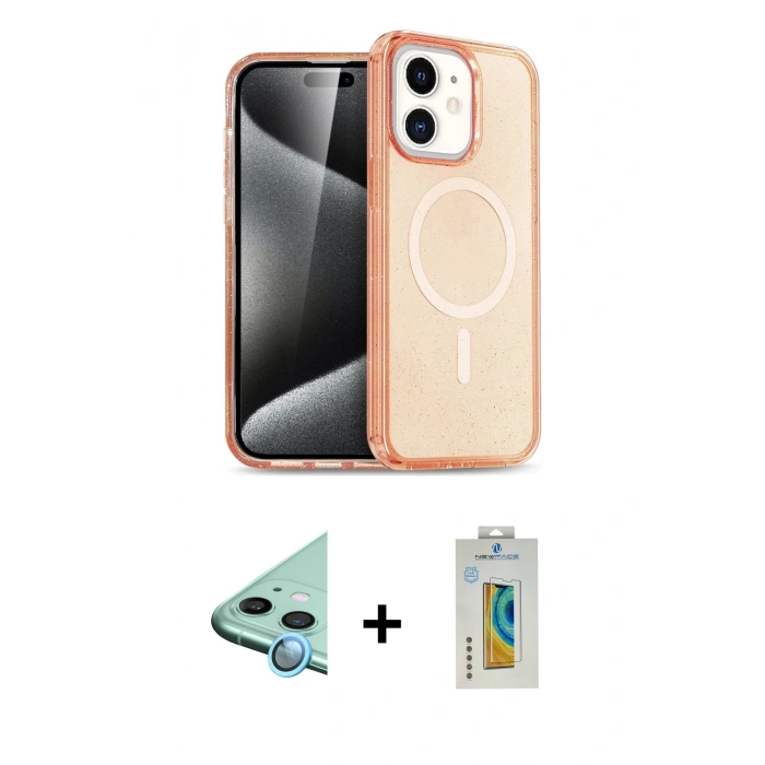MARSİLYAN™- iPhone 12 Kılıf Eksen Doku Koleksiyonu - Siyah Polymer Nano Ekran Koruyucu + Raze Metal Kamera Lens - MI