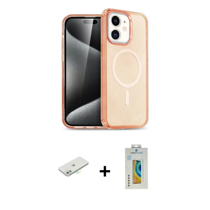 MARSİLYAN™- iPhone 12 Kılıf Eksen Doku Koleksiyonu - Siyah Polymer Nano Ekran Koruyucu + Renkli Kamera Lens Koruma Cam - SI