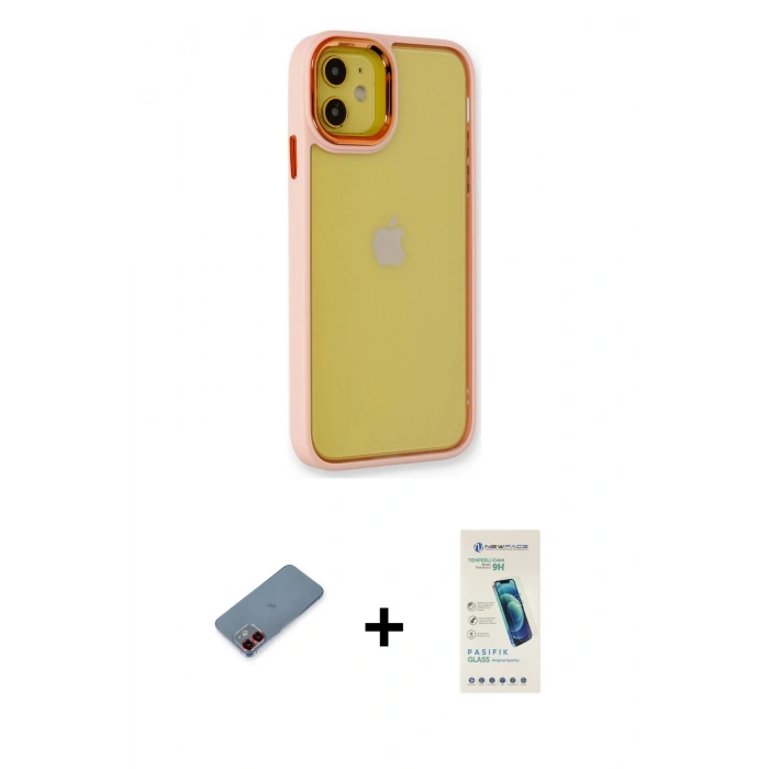 MARSİLYAN™- iPhone 12 Kılıf Eksen Doku Prime - Şeffaf Pasifik Cam Ekran Koruyucu + Metal Kamera Lens Koruma Cam - KI