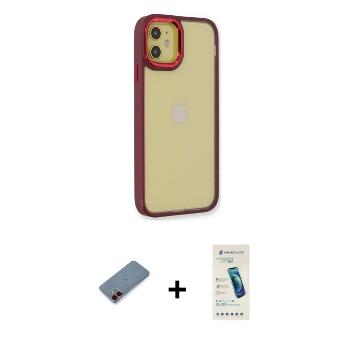 MARSİLYAN™- iPhone 12 Kılıf Eksen Doku Prime - Şeffaf Pasifik Cam Ekran Koruyucu + Metal Kamera Lens Koruma Cam - KI