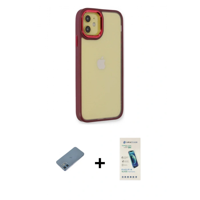MARSİLYAN™- iPhone 12 Kılıf Eksen Doku Prime - Şeffaf Pasifik Cam Ekran Koruyucu + Shine Kamera Lens Koruma Cam - MI