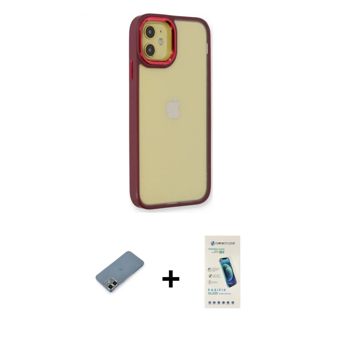 MARSİLYAN™- iPhone 12 Kılıf Eksen Doku Prime - Şeffaf Pasifik Cam Ekran Koruyucu + Metal Kamera Lens Koruma Cam - GD