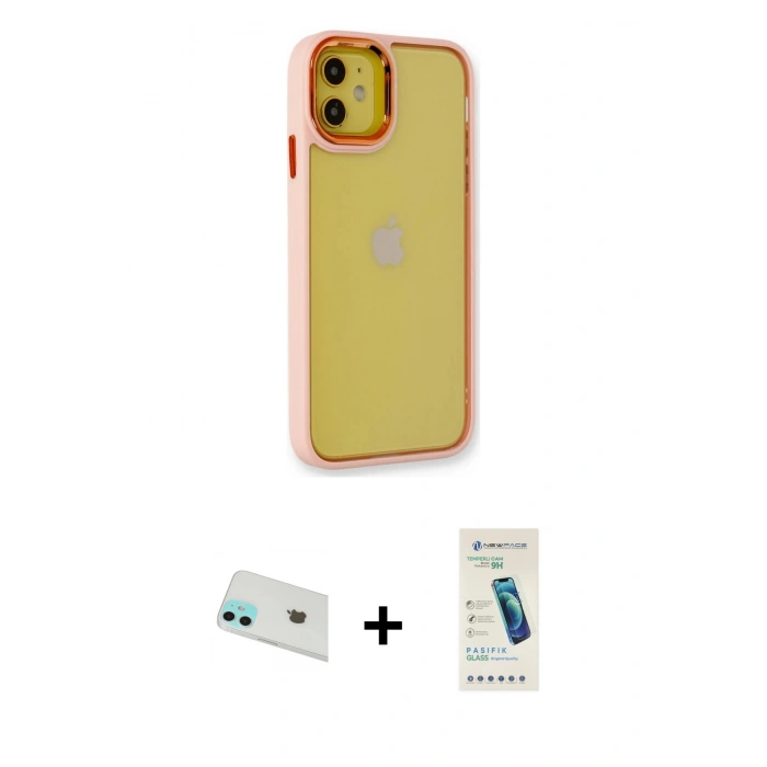 MARSİLYAN™- iPhone 12 Kılıf Eksen Doku Prime - Şeffaf Pasifik Cam Ekran Koruyucu + Rainbow Kamera Lens Koruma Cam - YL
