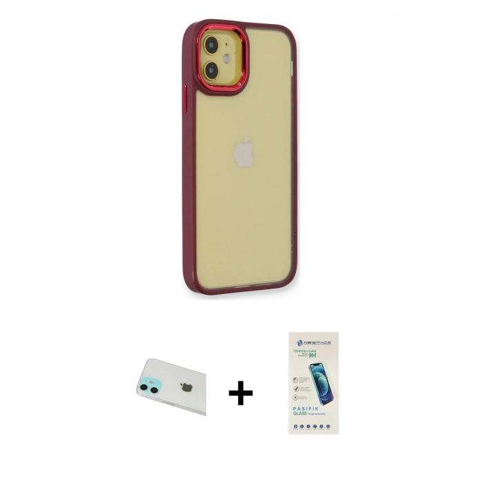 MARSİLYAN™- iPhone 12 Kılıf Eksen Doku Prime - Şeffaf Pasifik Cam Ekran Koruyucu + Rainbow Kamera Lens Koruma Cam - YL