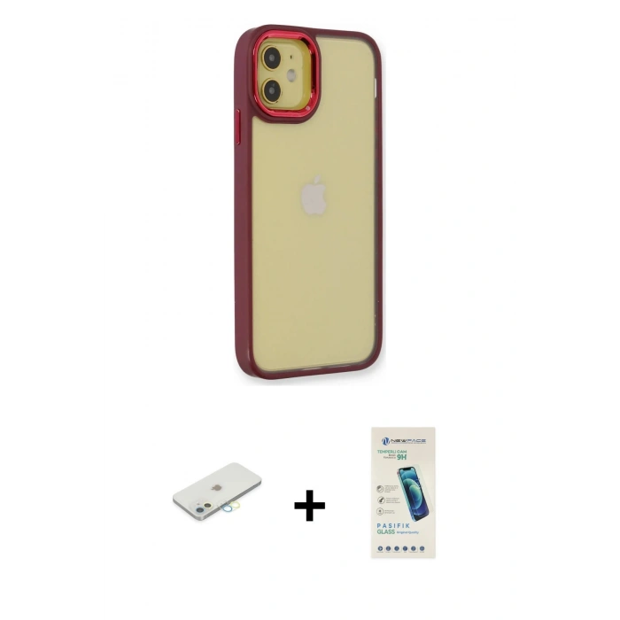 MARSİLYAN™- iPhone 12 Kılıf Eksen Doku Prime - Şeffaf Pasifik Cam Ekran Koruyucu + Renkli Kamera Lens Koruma Cam - SI