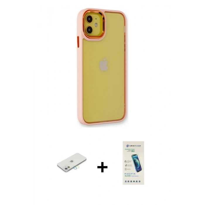 MARSİLYAN™- iPhone 12 Kılıf Eksen Doku Prime - Şeffaf Pasifik Cam Ekran Koruyucu + Renkli Kamera Lens Koruma Cam - SI