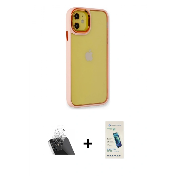 MARSİLYAN™- iPhone 12 Kılıf Eksen Doku Prime - Şeffaf Pasifik Cam Ekran Koruyucu + Şeffaf Kamera Lens Koruma Cam
