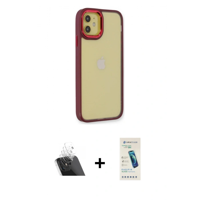 MARSİLYAN™- iPhone 12 Kılıf Eksen Doku Prime - Şeffaf Pasifik Cam Ekran Koruyucu + Şeffaf Kamera Lens Koruma Cam