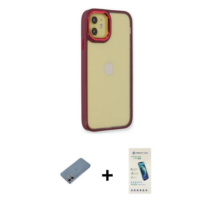 MARSİLYAN™- iPhone 12 Kılıf Eksen Doku Prime - Şeffaf Pasifik Cam Ekran Koruyucu + Shine Kamera Lens Koruma Cam - GI