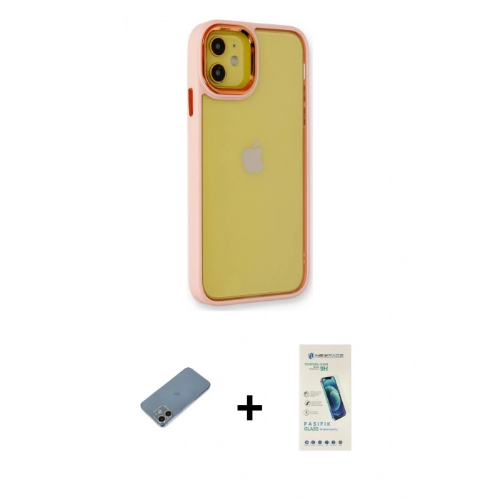 MARSİLYAN™- iPhone 12 Kılıf Eksen Doku Prime - Şeffaf Pasifik Cam Ekran Koruyucu + Shine Kamera Lens Koruma Cam - GI