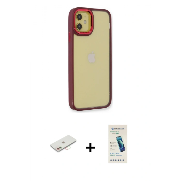 MARSİLYAN™- iPhone 12 Kılıf Eksen Doku Prime - Şeffaf Pasifik Cam Ekran Koruyucu + Renkli Kamera Lens Koruma Cam - YL