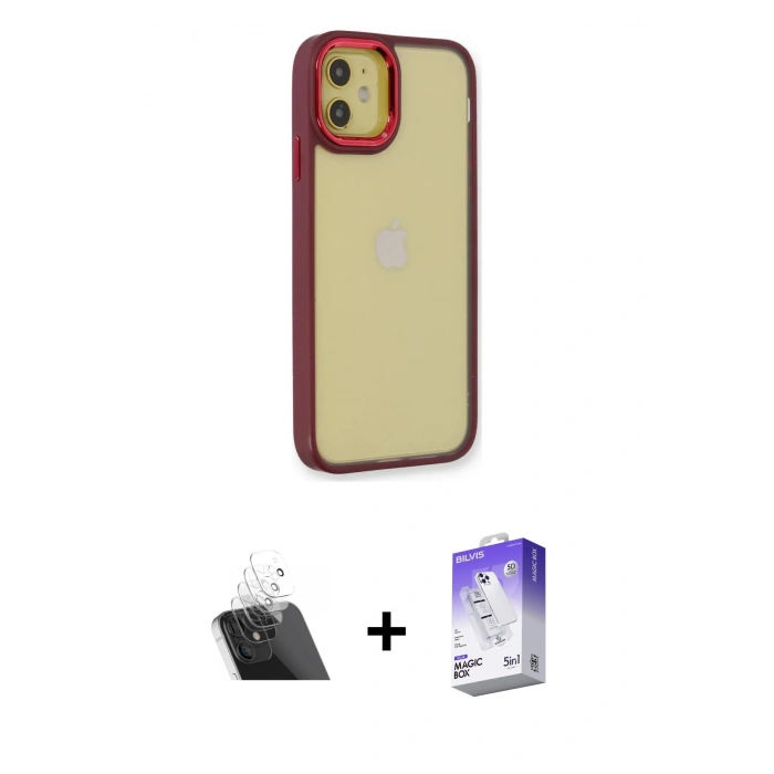 MARSİLYAN™- iPhone 12 Kılıf Eksen Doku Prime - Siyah Bilvis 5in1 3D Magic Cam Ekran Koruyucu + Kamera Lens Koruma Cam - SF