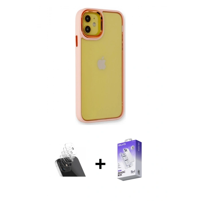 MARSİLYAN™- iPhone 12 Kılıf Eksen Doku Prime - Siyah Bilvis 5in1 3D Magic Cam Ekran Koruyucu + Kamera Lens Koruma Cam - SF