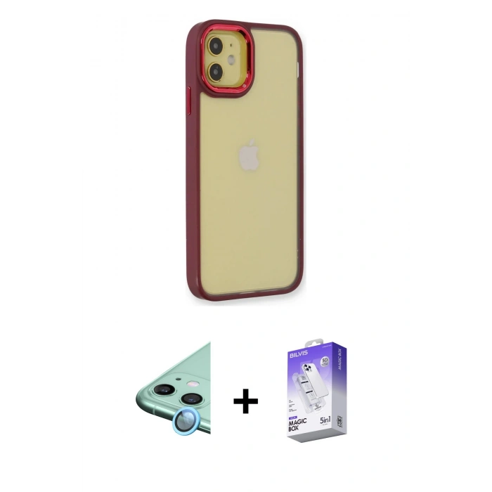 MARSİLYAN™- iPhone 12 Kılıf Eksen Doku Prime - Siyah Bilvis 5in1 3D Magic Cam Ekran Koruyucu + Mavi Raze Metal Kamera Lens