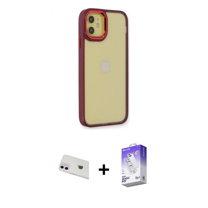 MARSİLYAN™- iPhone 12 Kılıf Eksen Doku Prime - Siyah Bilvis 5in1 3D Magic Cam Ekran Koruyucu + Mor Rainbow Kamera Lens Koruma Cam