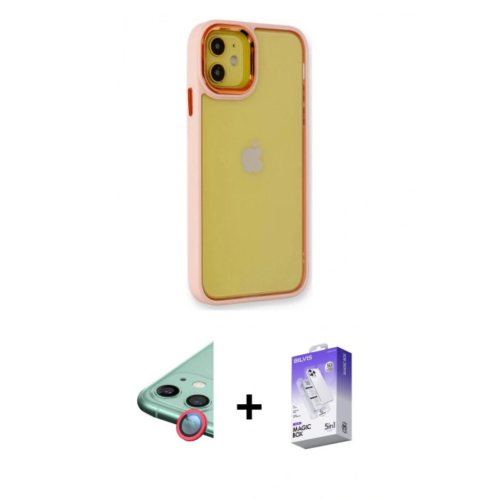 MARSİLYAN™- iPhone 12 Kılıf Eksen Doku Prime - Siyah Bilvis 5in1 3D Magic Cam Ekran Koruyucu + Raze Metal Kamera Lens - KI