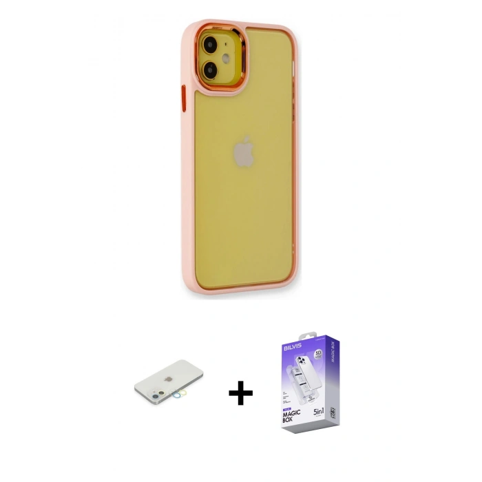 MARSİLYAN™- iPhone 12 Kılıf Eksen Doku Prime - Siyah Bilvis 5in1 3D Magic Cam Ekran Koruyucu + Renkli Kamera Lens Koruma Cam - SI