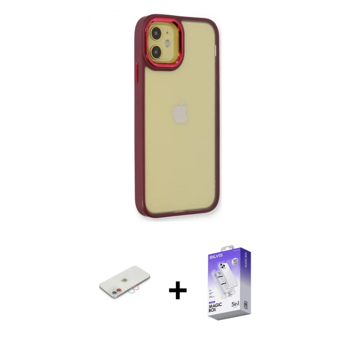 MARSİLYAN™- iPhone 12 Kılıf Eksen Doku Prime - Siyah Bilvis 5in1 3D Magic Cam Ekran Koruyucu + Renkli Kamera Lens Koruma Cam - PE