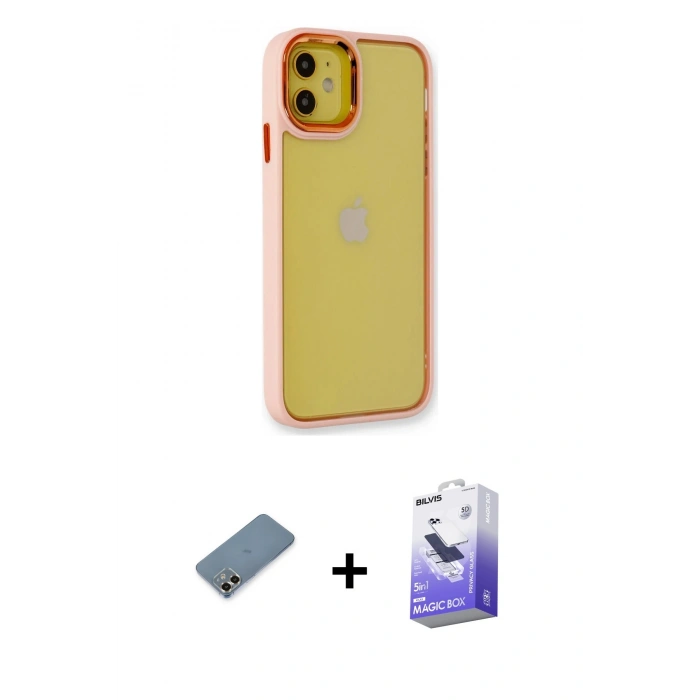 MARSİLYAN™- iPhone 12 Kılıf Eksen Doku Prime - Siyah Bilvis 5in1 5D Magic Hayalet Cam Ekran Koruyucu + Gold Metal Kamera Lens Koruma Cam