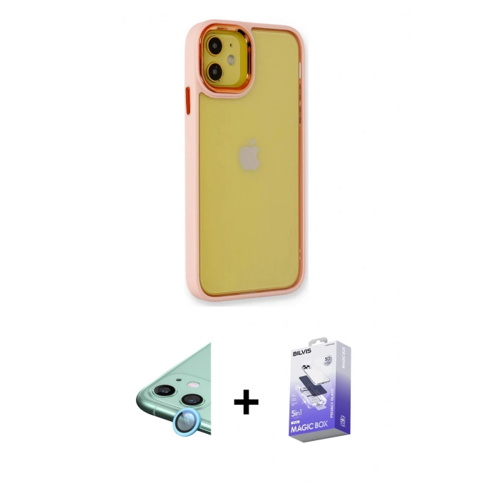 MARSİLYAN™- iPhone 12 Kılıf Eksen Doku Prime - Siyah Bilvis 5in1 5D Magic Hayalet Cam Ekran Koruyucu + Raze Metal Kamera Lens - MI