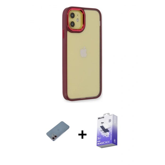 MARSİLYAN™- iPhone 12 Kılıf Eksen Doku Prime - Siyah Bilvis 5in1 5D Magic Hayalet Cam Ekran Koruyucu + Shine Kamera Lens Koruma Cam - PE