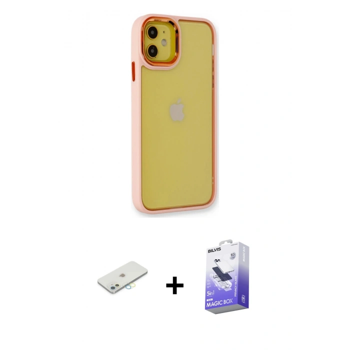 MARSİLYAN™- iPhone 12 Kılıf Eksen Doku Prime - Siyah Bilvis 5in1 5D Magic Hayalet Cam Ekran Koruyucu + Renkli Kamera Lens Koruma Cam - SI