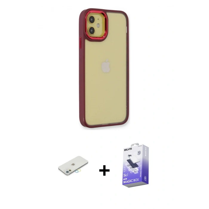 MARSİLYAN™- iPhone 12 Kılıf Eksen Doku Prime - Siyah Bilvis 5in1 5D Magic Hayalet Cam Ekran Koruyucu + Renkli Kamera Lens Koruma Cam - SI
