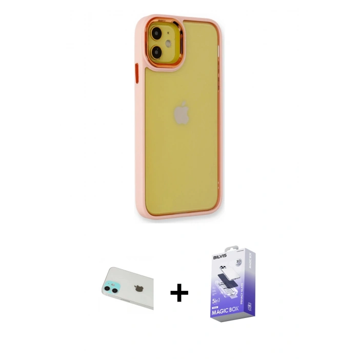 MARSİLYAN™- iPhone 12 Kılıf Eksen Doku Prime - Siyah Bilvis 5in1 5D Magic Hayalet Cam Ekran Koruyucu + Rainbow Kamera Lens Koruma Cam - YL
