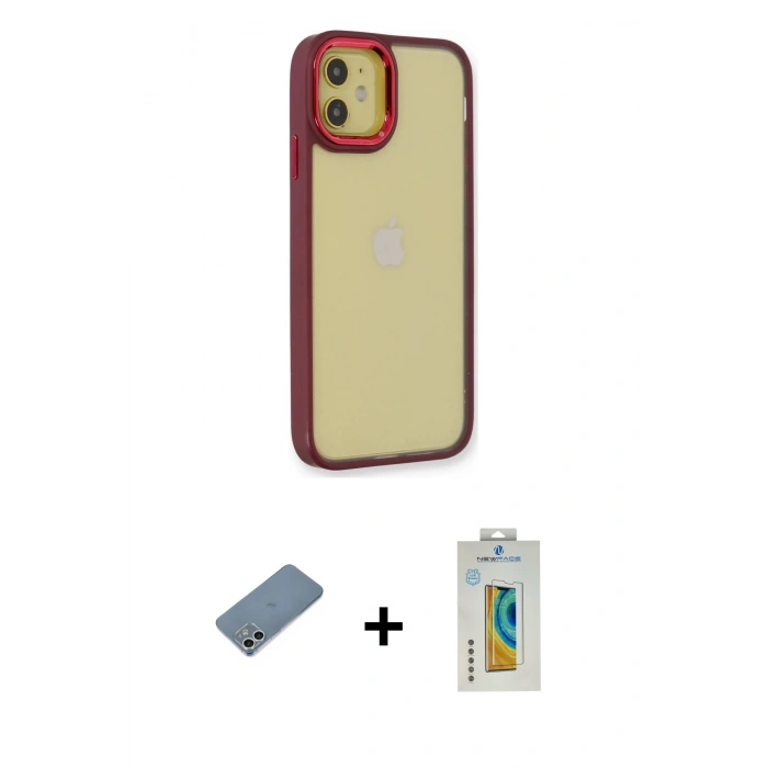 MARSİLYAN™- iPhone 12 Kılıf Eksen Doku Prime - Siyah Polymer Nano Ekran Koruyucu + Shine Kamera Lens Koruma Cam - GS