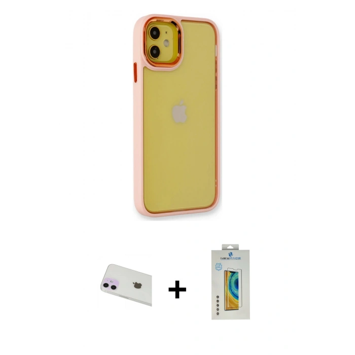 MARSİLYAN™- iPhone 12 Kılıf Eksen Doku Prime - Siyah Polymer Nano Ekran Koruyucu + Rainbow Kamera Lens Koruma Cam - MR