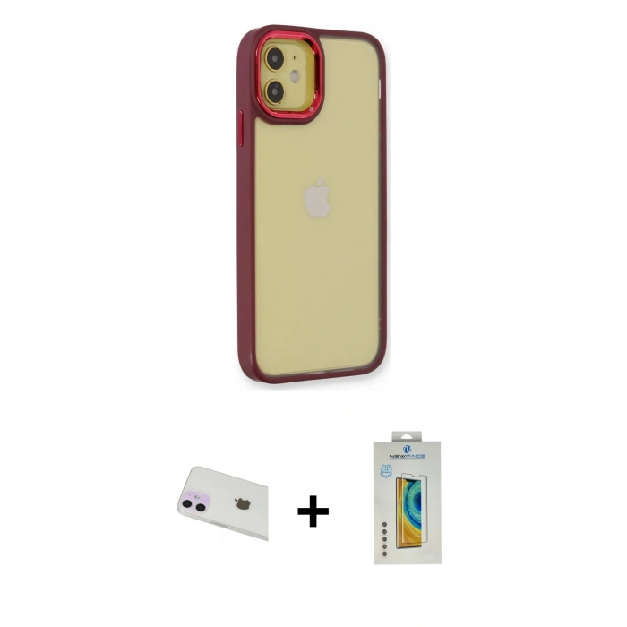 MARSİLYAN™- iPhone 12 Kılıf Eksen Doku Prime - Siyah Polymer Nano Ekran Koruyucu + Rainbow Kamera Lens Koruma Cam - MR
