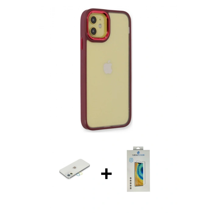 MARSİLYAN™- iPhone 12 Kılıf Eksen Doku Prime - Siyah Polymer Nano Ekran Koruyucu + Renkli Kamera Lens Koruma Cam - SI