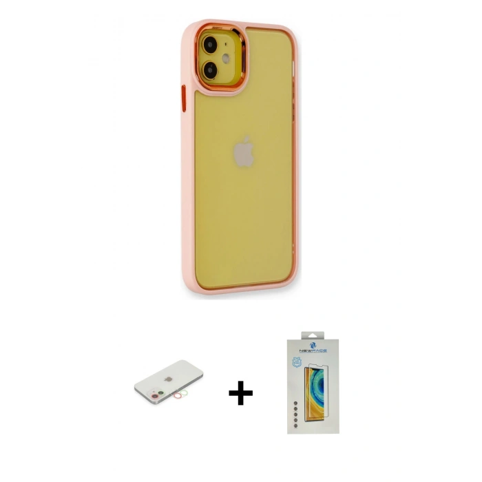 MARSİLYAN™- iPhone 12 Kılıf Eksen Doku Prime - Siyah Polymer Nano Ekran Koruyucu + Renkli Kamera Lens Koruma Cam - YL