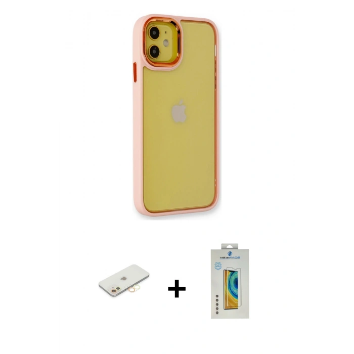 MARSİLYAN™- iPhone 12 Kılıf Eksen Doku Prime - Siyah Polymer Nano Ekran Koruyucu + Sarı Renkli Kamera Lens Koruma Cam