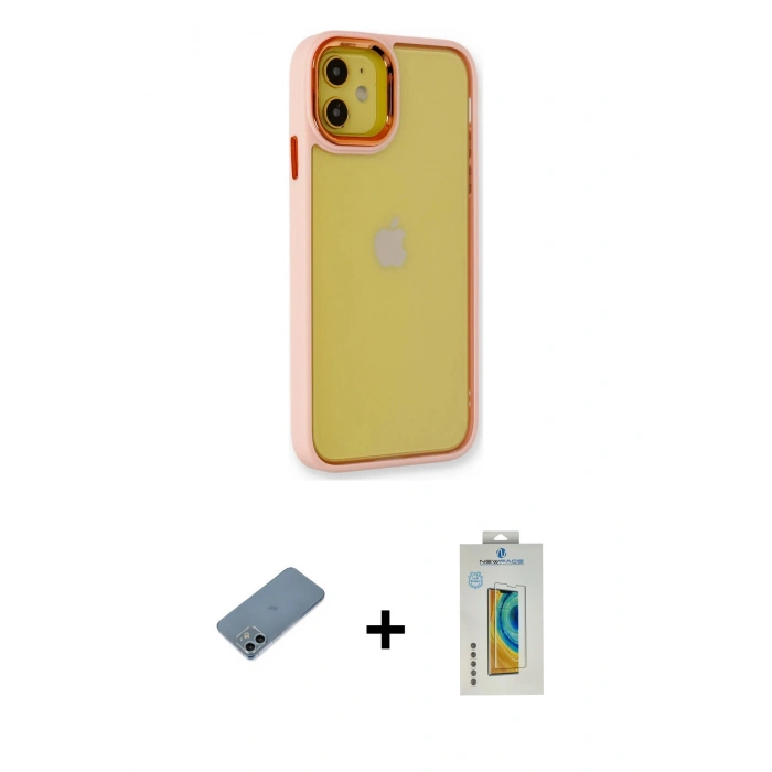 MARSİLYAN™- iPhone 12 Kılıf Eksen Doku Prime - Siyah Polymer Nano Ekran Koruyucu + Shine Kamera Lens Koruma Cam - SABE