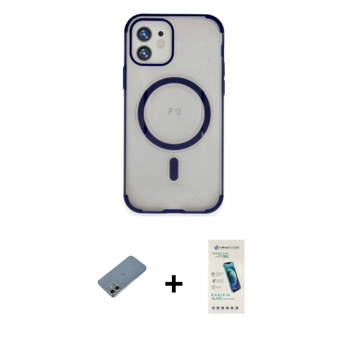 MARSİLYAN™- iPhone 12 Kılıf Eksen Klasik Koleksiyonu - Şeffaf Pasifik Cam Ekran Koruyucu + Shine Kamera Lens Koruma Cam - GI