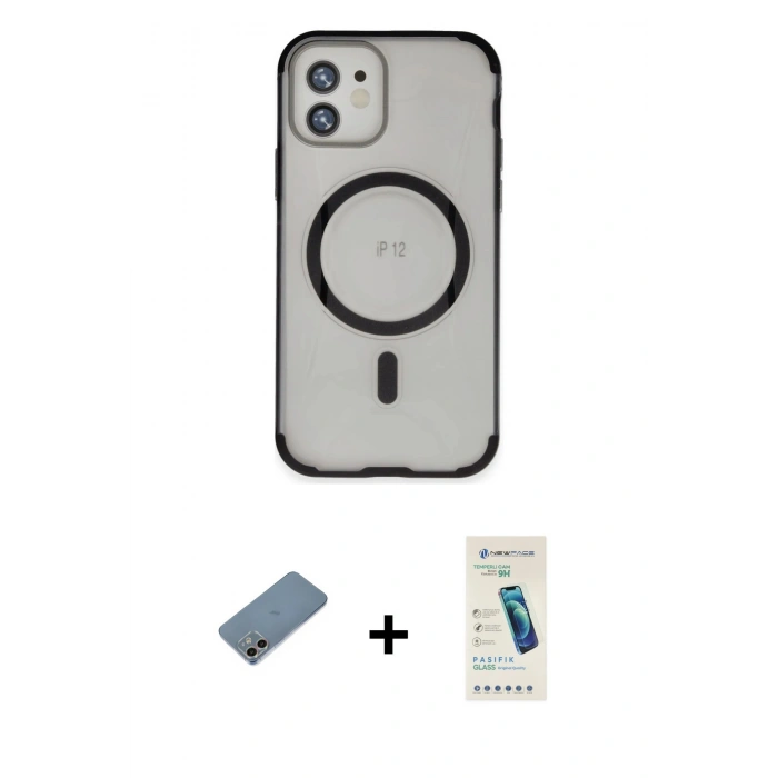 MARSİLYAN™- iPhone 12 Kılıf Eksen Klasik Koleksiyonu - Şeffaf Pasifik Cam Ekran Koruyucu + Shine Kamera Lens Koruma Cam - GI