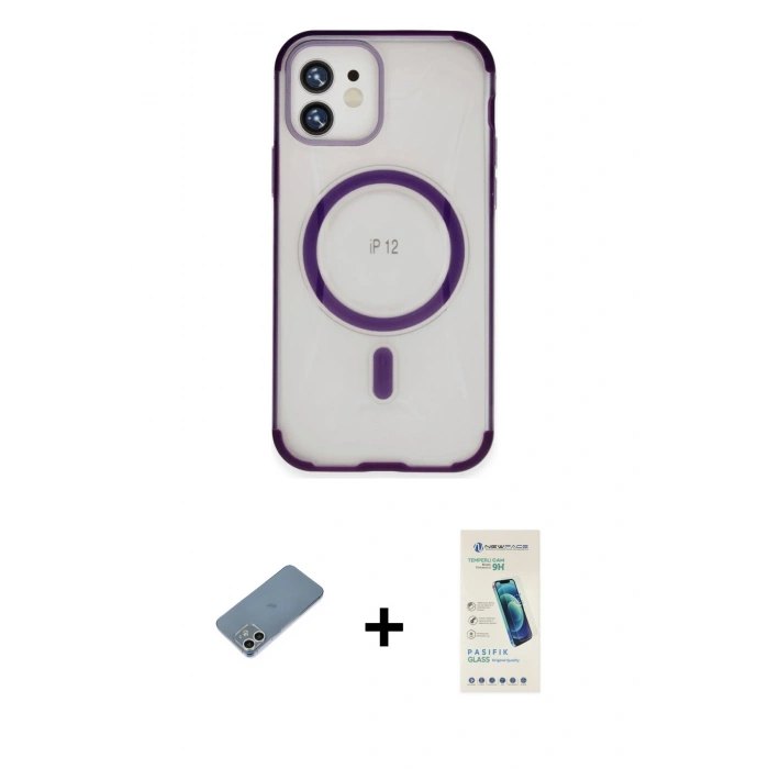 MARSİLYAN™- iPhone 12 Kılıf Eksen Klasik Koleksiyonu - Şeffaf Pasifik Cam Ekran Koruyucu + Shine Kamera Lens Koruma Cam - GS