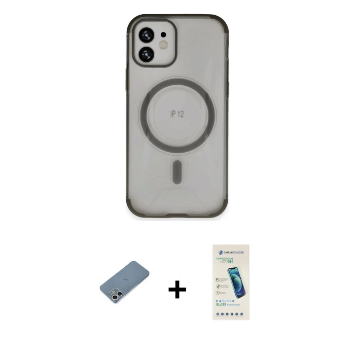 MARSİLYAN™- iPhone 12 Kılıf Eksen Klasik Koleksiyonu - Şeffaf Pasifik Cam Ekran Koruyucu + Shine Kamera Lens Koruma Cam - GS