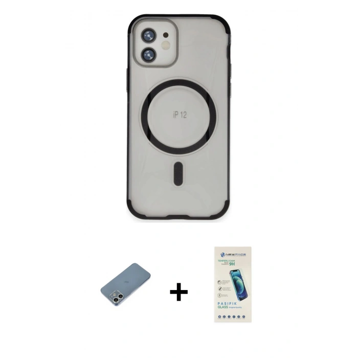 MARSİLYAN™- iPhone 12 Kılıf Eksen Klasik Koleksiyonu - Şeffaf Pasifik Cam Ekran Koruyucu + Shine Kamera Lens Koruma Cam - GS