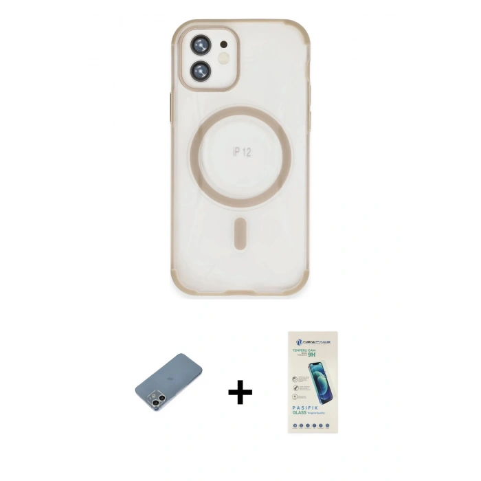 MARSİLYAN™- iPhone 12 Kılıf Eksen Klasik Koleksiyonu - Şeffaf Pasifik Cam Ekran Koruyucu + Shine Kamera Lens Koruma Cam - GS