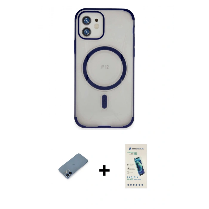 MARSİLYAN™- iPhone 12 Kılıf Eksen Klasik Koleksiyonu - Şeffaf Pasifik Cam Ekran Koruyucu + Metal Kamera Lens Koruma Cam - MI