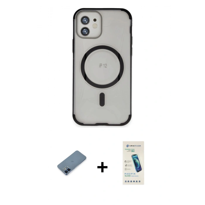 MARSİLYAN™- iPhone 12 Kılıf Eksen Klasik Koleksiyonu - Şeffaf Pasifik Cam Ekran Koruyucu + Metal Kamera Lens Koruma Cam - MI